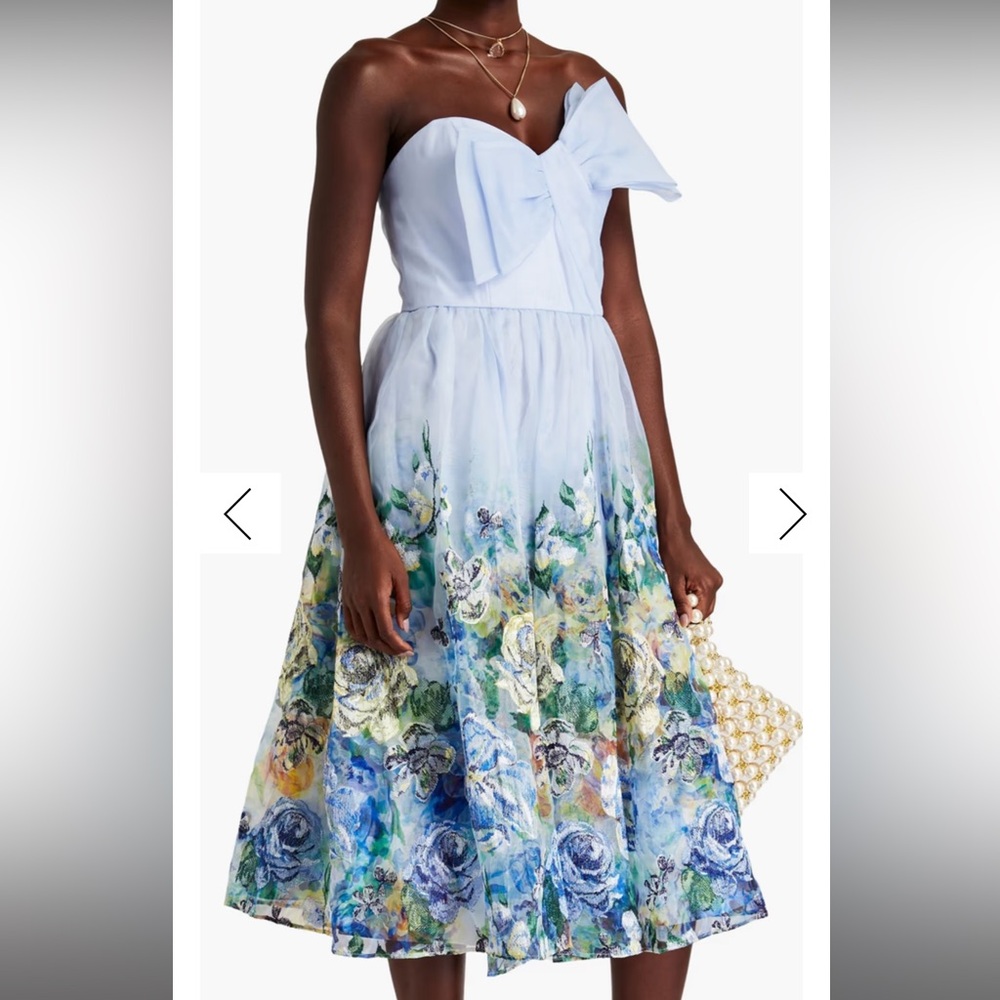 MARCHESA NOTTE
Strapless bow-detailed floral-print organza midi dress